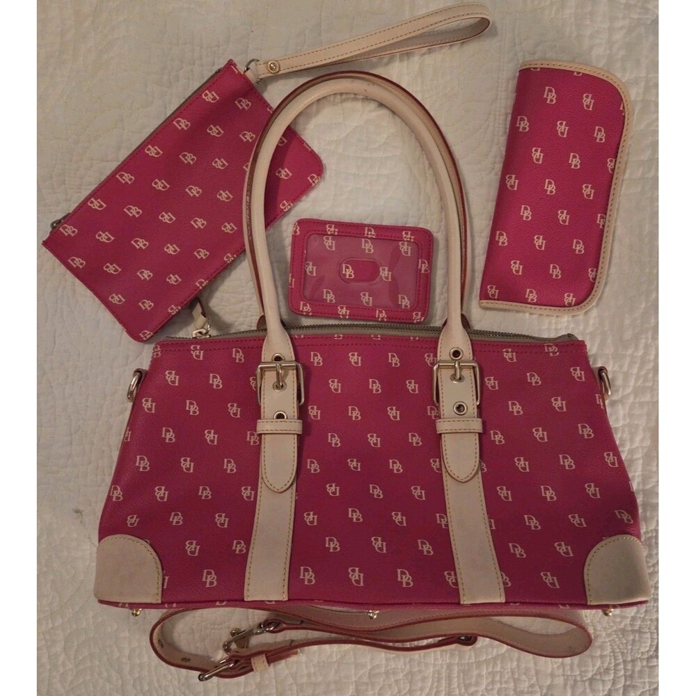 Vtg Dooney & Bourke Berry Pink Domed Satchel Bag Purse w/Accessories Pebble Lthr